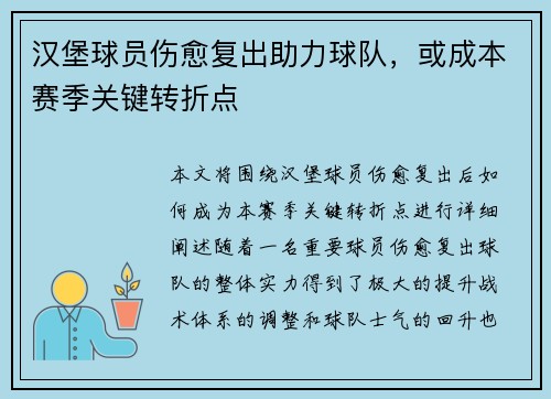 汉堡球员伤愈复出助力球队，或成本赛季关键转折点