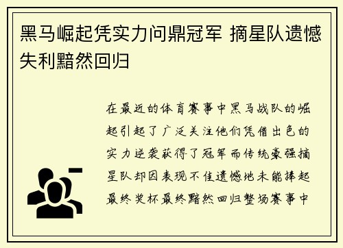 黑马崛起凭实力问鼎冠军 摘星队遗憾失利黯然回归