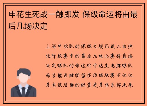 申花生死战一触即发 保级命运将由最后几场决定