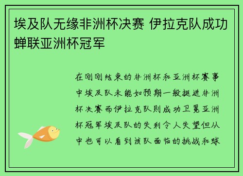 埃及队无缘非洲杯决赛 伊拉克队成功蝉联亚洲杯冠军